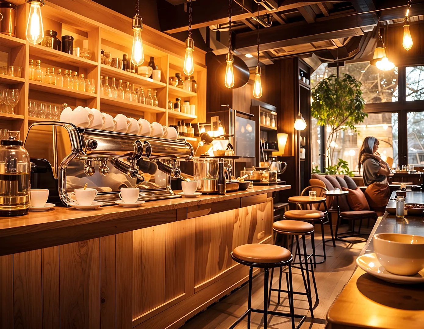 AI-generated cozy coffee shop with warm lighting, cups and wooden furniture